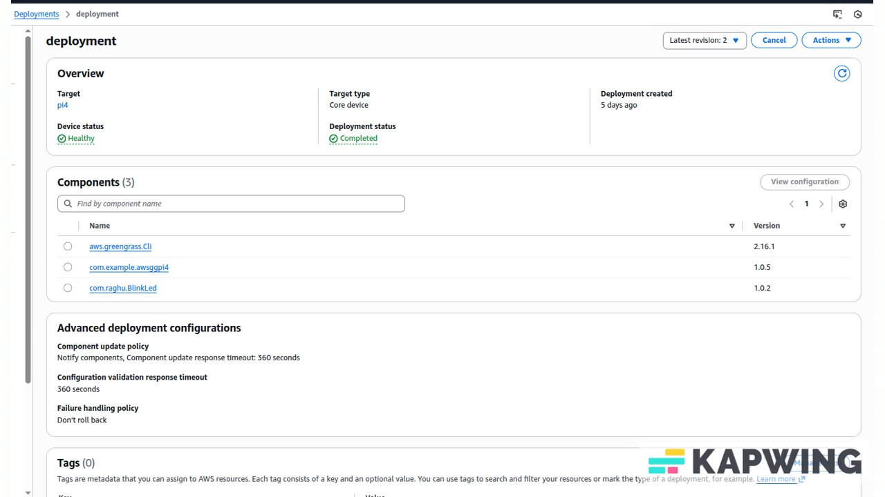 AWS IoT Greengrass deployment console for the edge footfall system